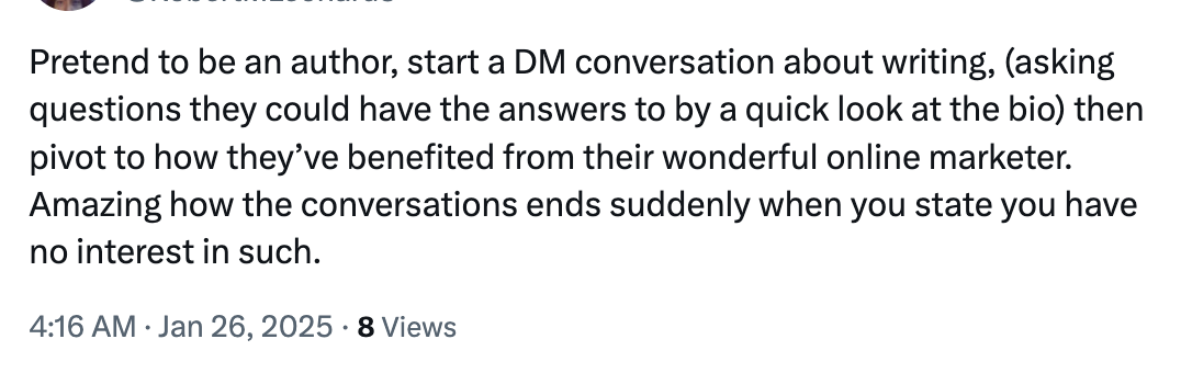 Author remarks on how scams start